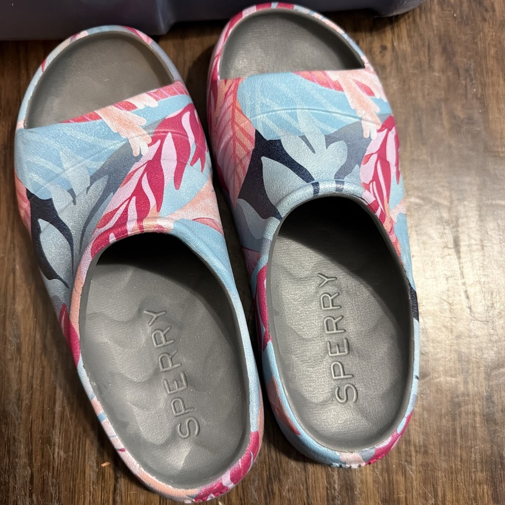 Women's Sperry Float Slides Sz 7 Floral Gray Boat Sandal Wave Contoured Comfort